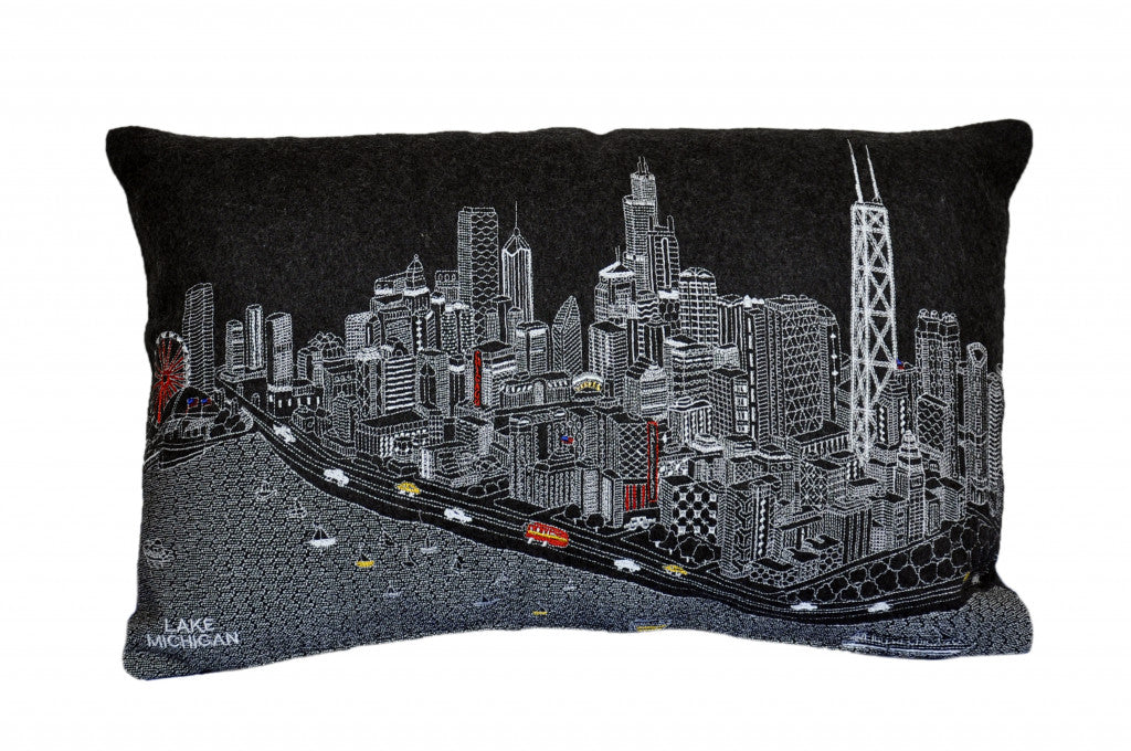 25" Black Chicago Nighttime Skyline Lumbar Decorative Pillow FurniFindUSA