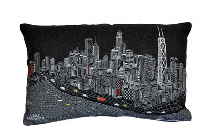 25" Black Chicago Nighttime Skyline Lumbar Decorative Pillow FurniFindUSA