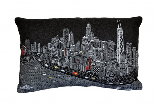 25" Black Chicago Nighttime Skyline Lumbar Decorative Pillow FurniFindUSA