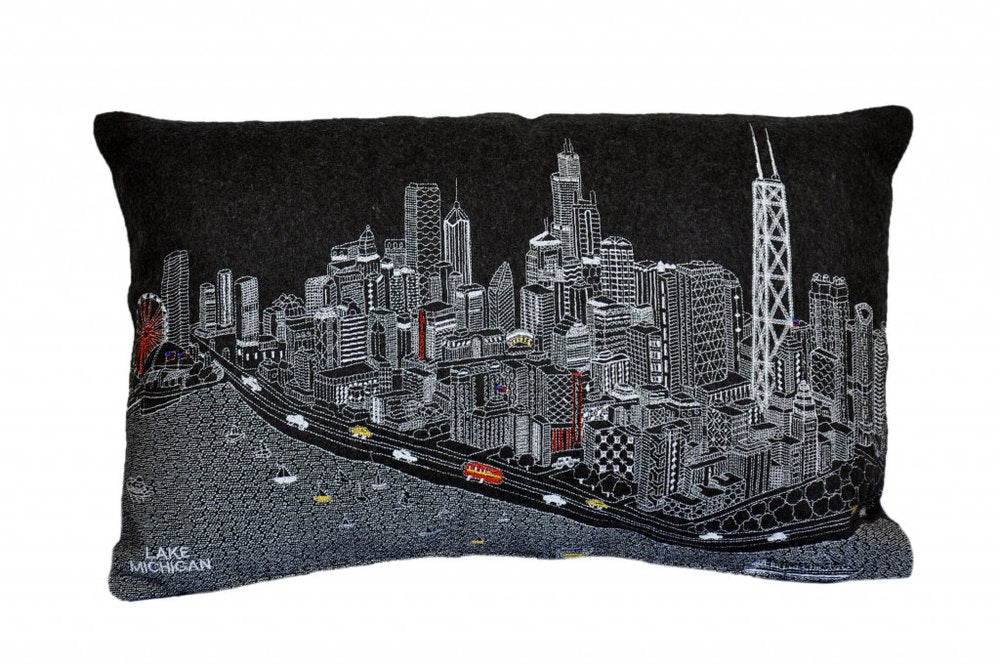 14" X 24" Cream Chicago Daylight Skyline Lumbar Decorative Pillow