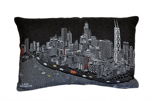 14" X 24" Cream Chicago Daylight Skyline Lumbar Decorative Pillow