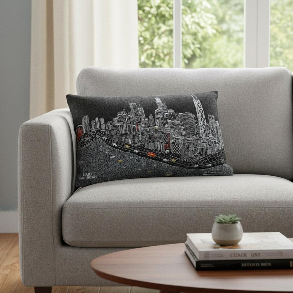 14" X 24" Dark Gray And White Chicago Nighttime Skyline Lumbar Decorative Pillow HomeRoots
