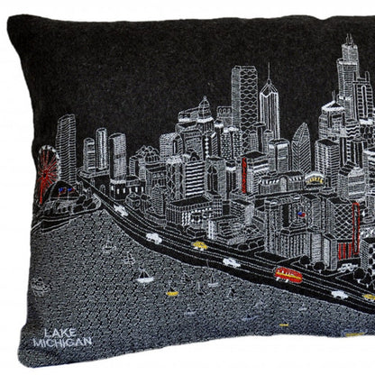 25" Black Chicago Nighttime Skyline Lumbar Decorative Pillow FurniFindUSA