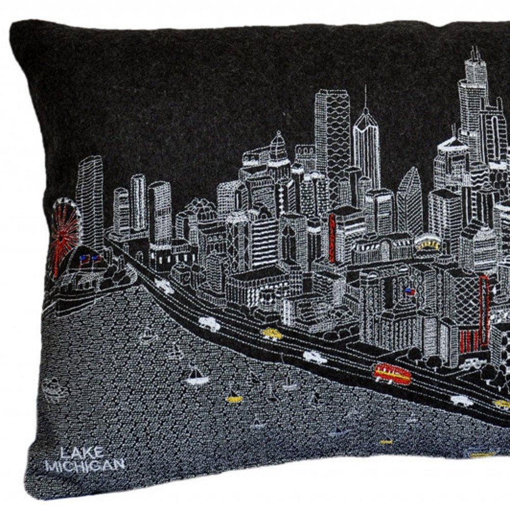 14" X 24" Cream Chicago Daylight Skyline Lumbar Decorative Pillow
