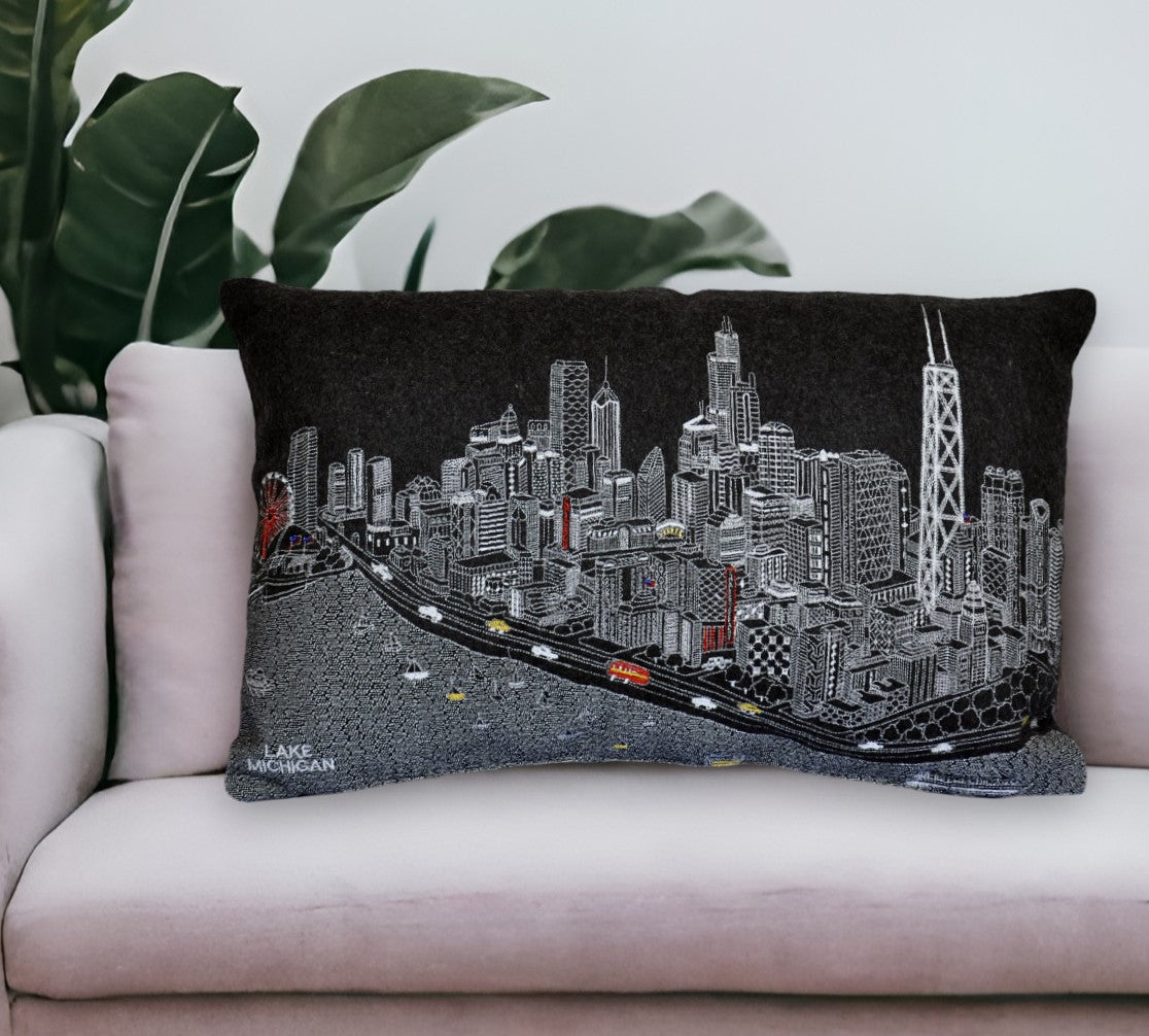 25" Black Chicago Nighttime Skyline Lumbar Decorative Pillow FurniFindUSA