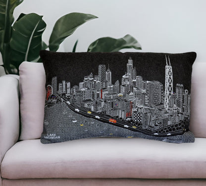 25" Black Chicago Nighttime Skyline Lumbar Decorative Pillow FurniFindUSA