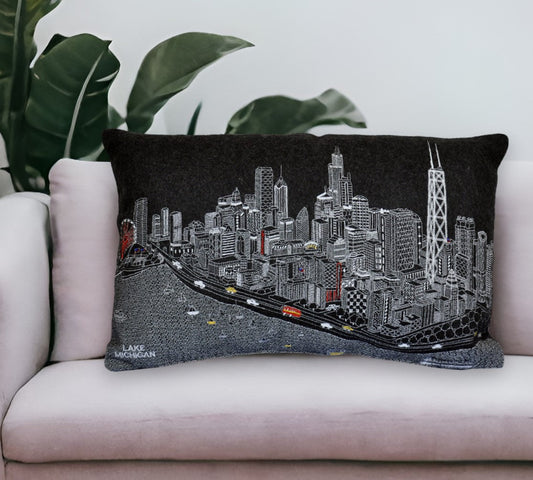 25" Black Chicago Nighttime Skyline Lumbar Decorative Pillow FurniFindUSA