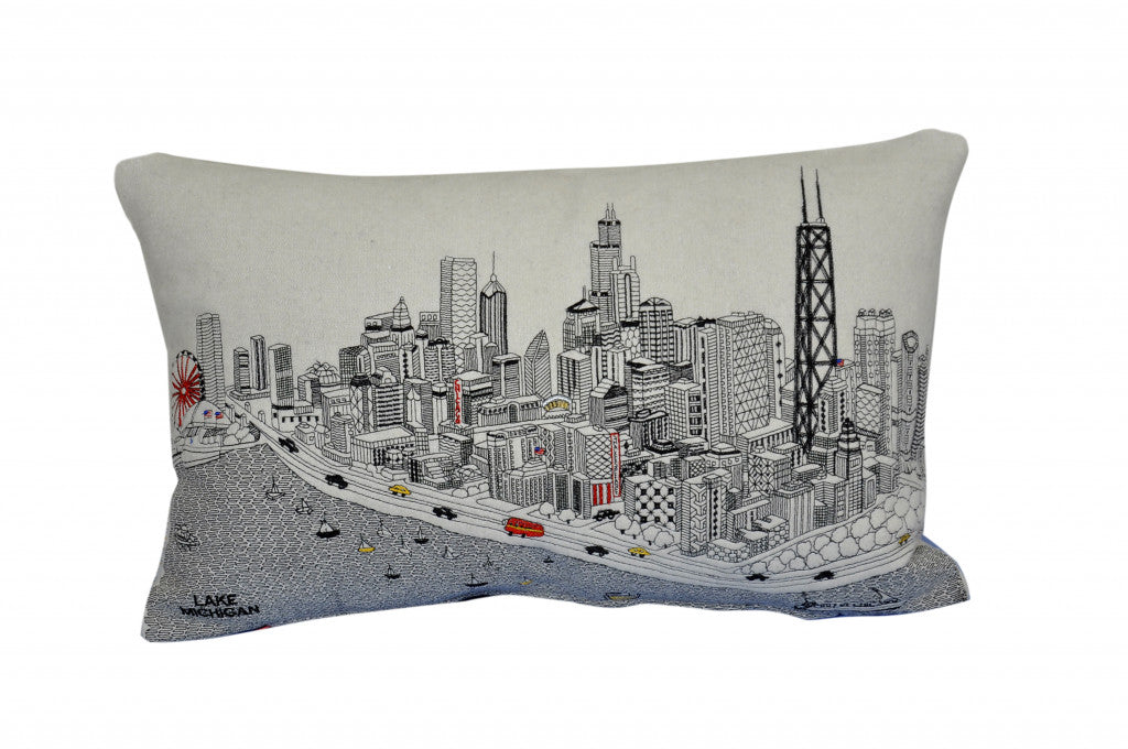 25" White Chicago Daylight Skyline Lumbar Decorative Pillow FurniFindUSA