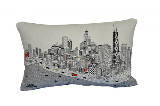25" White Chicago Daylight Skyline Lumbar Decorative Pillow FurniFindUSA