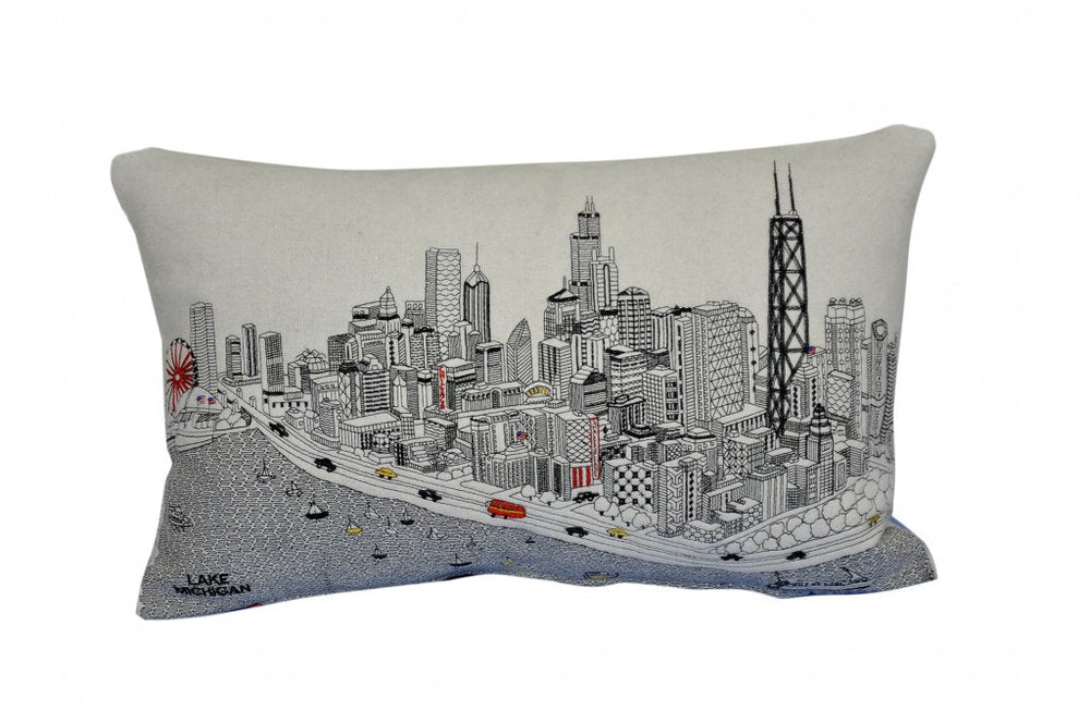 14" X 24" Dark Gray And White Chicago Nighttime Skyline Lumbar Decorative Pillow HomeRoots