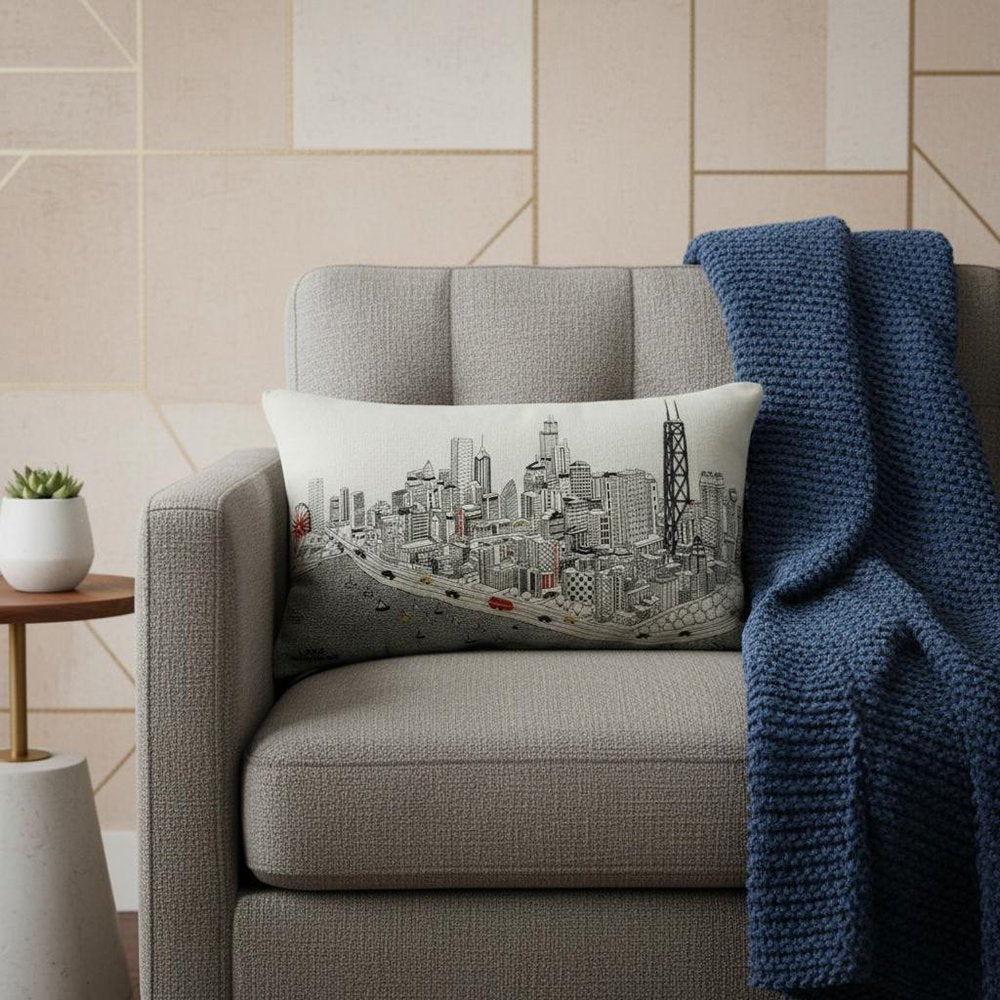 14" X 24" Dark Gray And White Chicago Nighttime Skyline Lumbar Decorative Pillow HomeRoots
