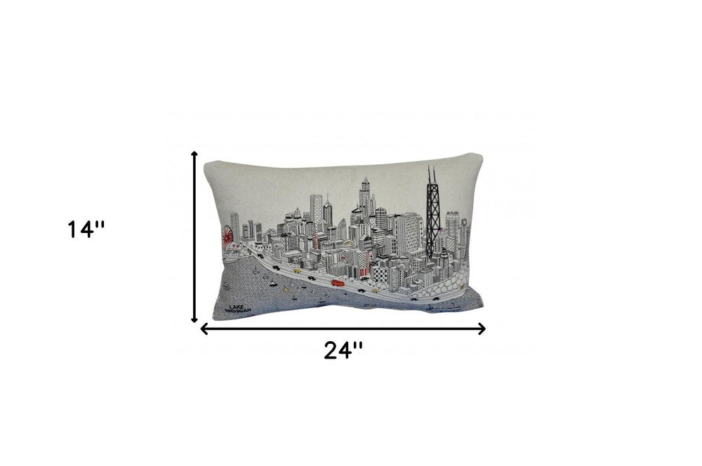 14" X 24" Dark Gray And White Chicago Nighttime Skyline Lumbar Decorative Pillow HomeRoots