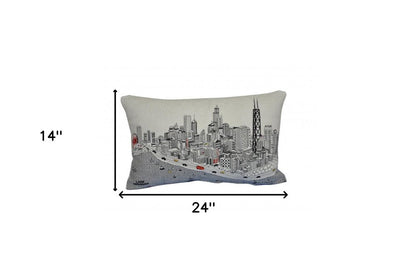 14" X 24" Dark Gray And White Chicago Nighttime Skyline Lumbar Decorative Pillow HomeRoots