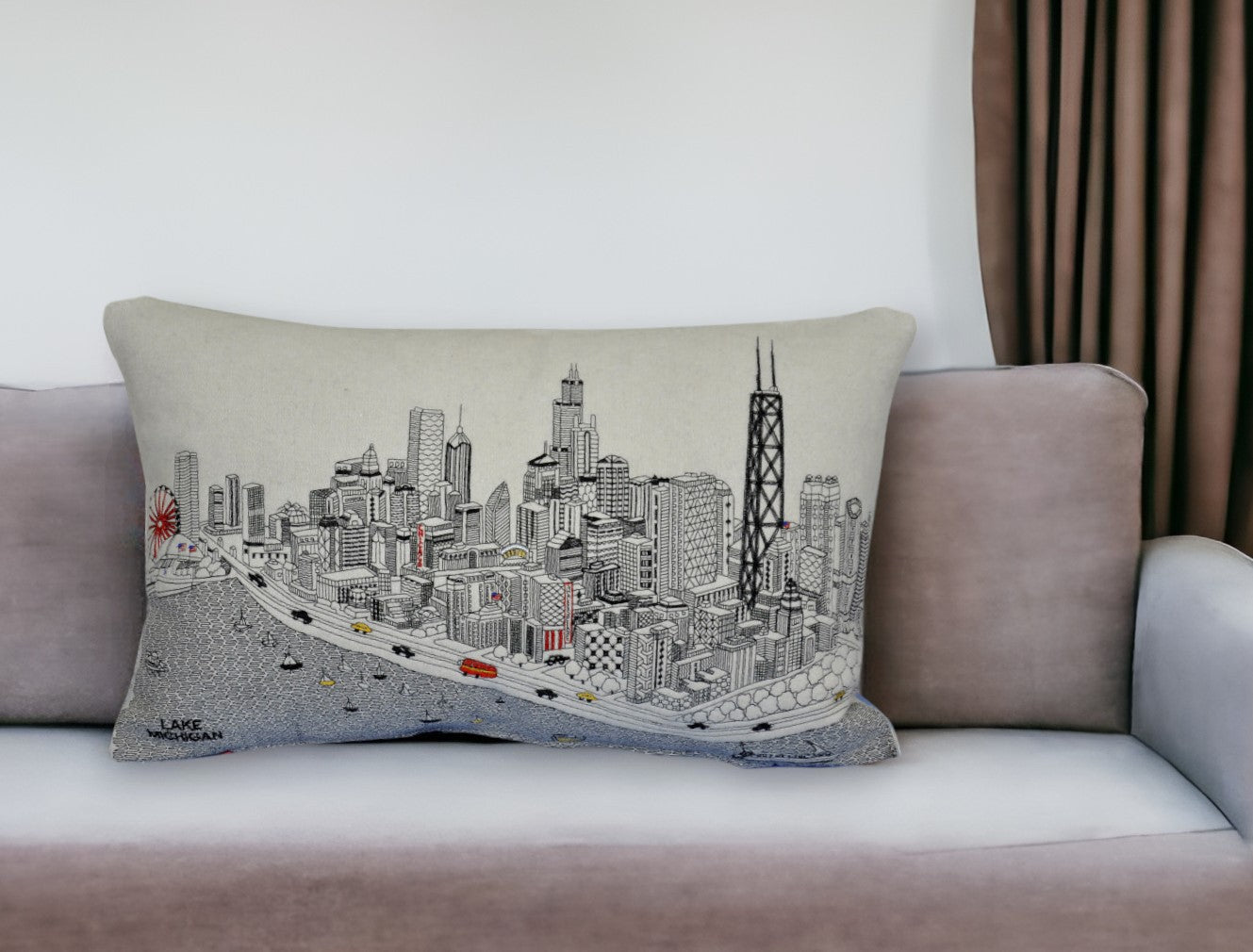 25" White Chicago Daylight Skyline Lumbar Decorative Pillow FurniFindUSA