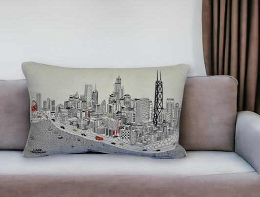 25" White Chicago Daylight Skyline Lumbar Decorative Pillow FurniFindUSA