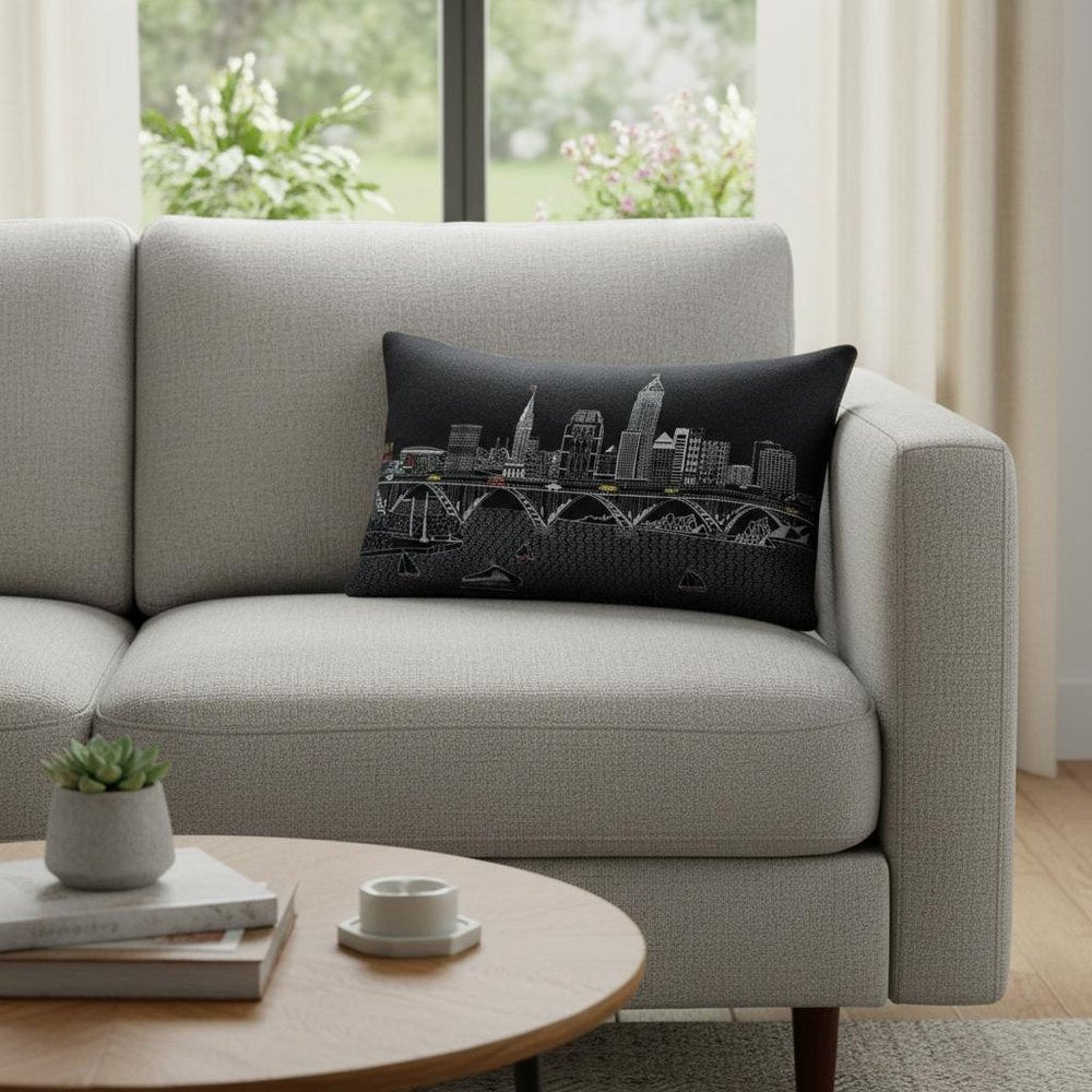 14" X 24" Dark Gray And White Cleveland Nighttime Skyline Lumbar Decorative Pillow — view 1
