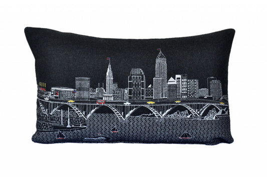 25" Black Cleveland Nighttime Skyline Lumbar Decorative Pillow FurniFindUSA