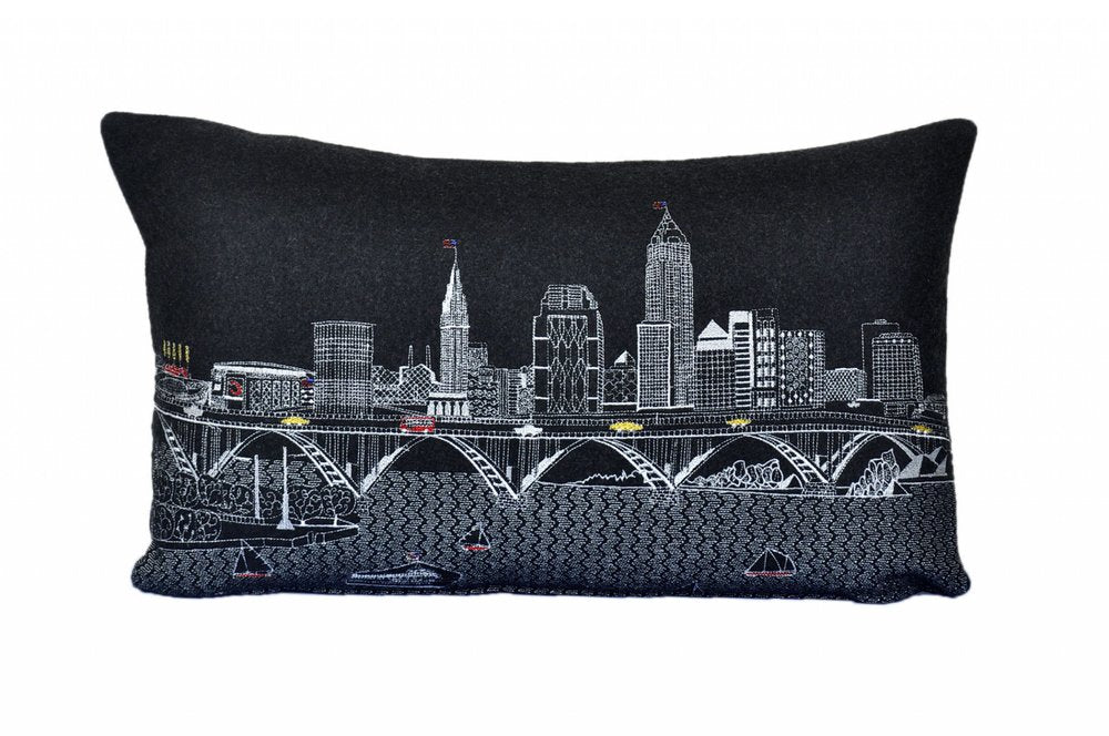 14" X 24" Dark Gray And White Cleveland Nighttime Skyline Lumbar Decorative Pillow HomeRoots