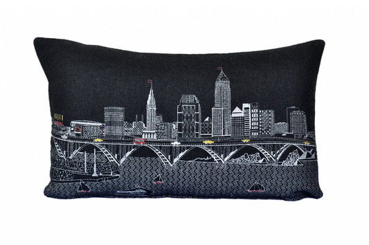 14" X 24" Dark Gray And White Cleveland Nighttime Skyline Lumbar Decorative Pillow