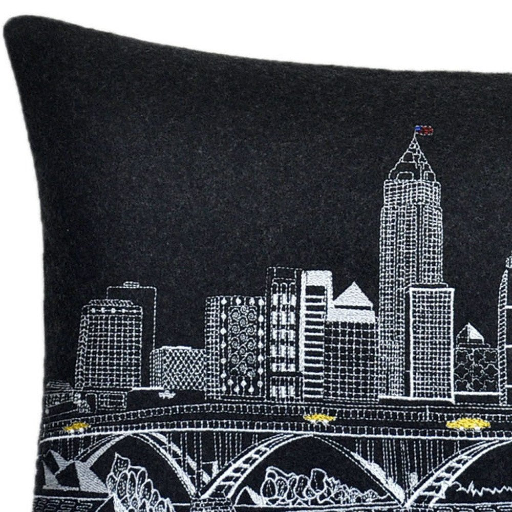 14" X 24" Dark Gray And White Cleveland Nighttime Skyline Lumbar Decorative Pillow — view 4