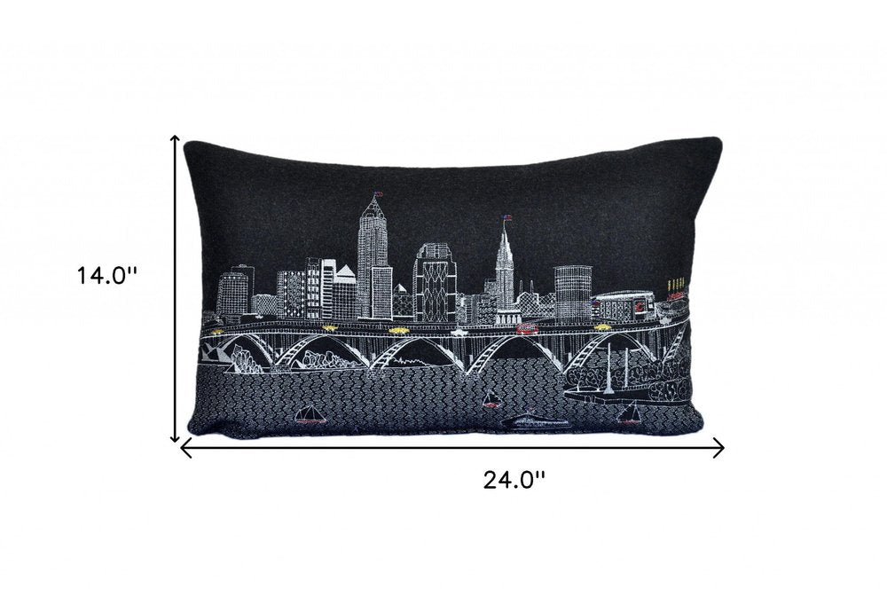 14" X 24" Dark Gray And White Cleveland Nighttime Skyline Lumbar Decorative Pillow HomeRoots