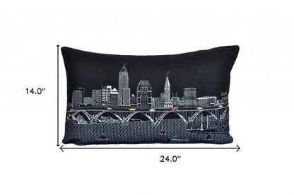 14" X 24" Dark Gray And White Cleveland Nighttime Skyline Lumbar Decorative Pillow HomeRoots