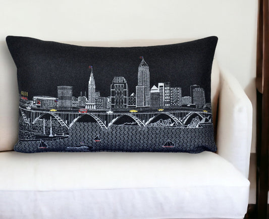 25" Black Cleveland Nighttime Skyline Lumbar Decorative Pillow FurniFindUSA