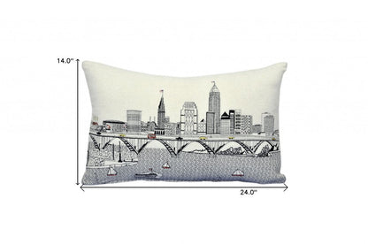 14" X 24" Dark Gray And White Cleveland Nighttime Skyline Lumbar Decorative Pillow HomeRoots