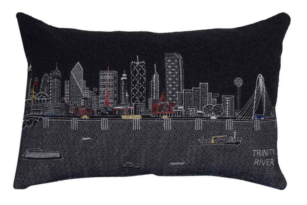 25" Black Dallas Nighttime Skyline Lumbar Decorative Pillow FurniFindUSA