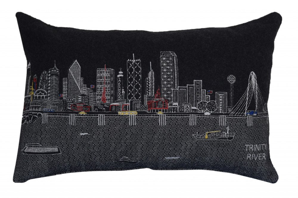 14" X 24" Dark Gray And White Dallas Nighttime Skyline Lumbar Decorative Pillow HomeRoots