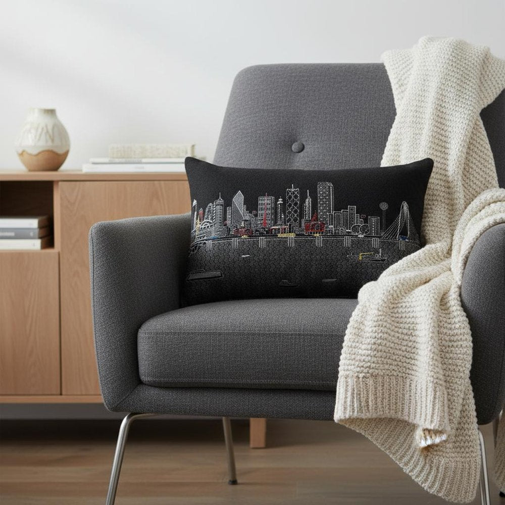 14" X 24" Dark Gray And White Dallas Nighttime Skyline Lumbar Decorative Pillow HomeRoots