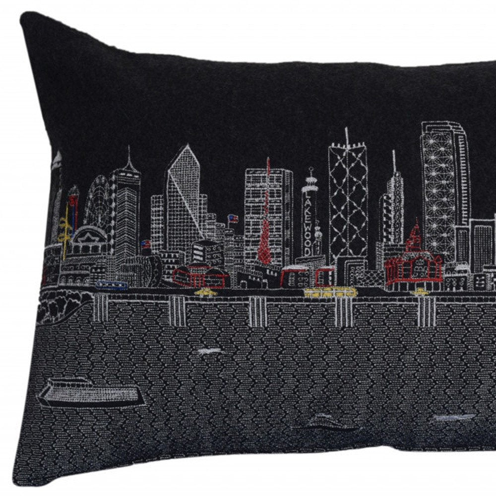 14" X 24" Dark Gray And White Dallas Nighttime Skyline Lumbar Decorative Pillow HomeRoots