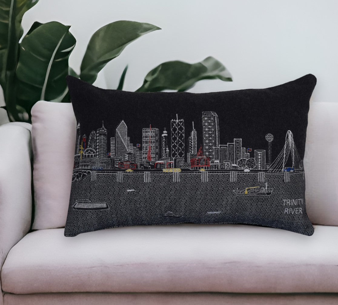 25" Black Dallas Nighttime Skyline Lumbar Decorative Pillow FurniFindUSA