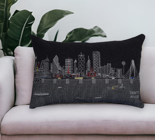 25" Black Dallas Nighttime Skyline Lumbar Decorative Pillow FurniFindUSA