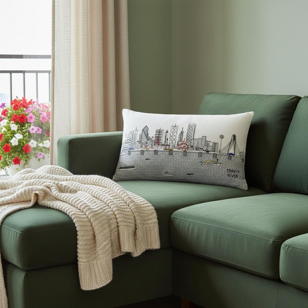 14" X 24" Dark Gray And White Dallas Nighttime Skyline Lumbar Decorative Pillow HomeRoots