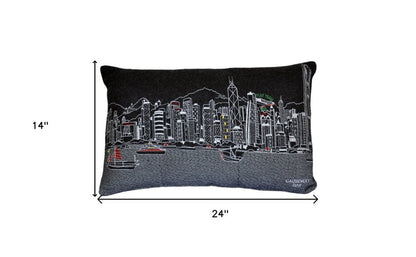 14" X 24" Dark Gray And White Hong Kong Nighttime Skyline Lumbar Decorative Pillow HomeRoots