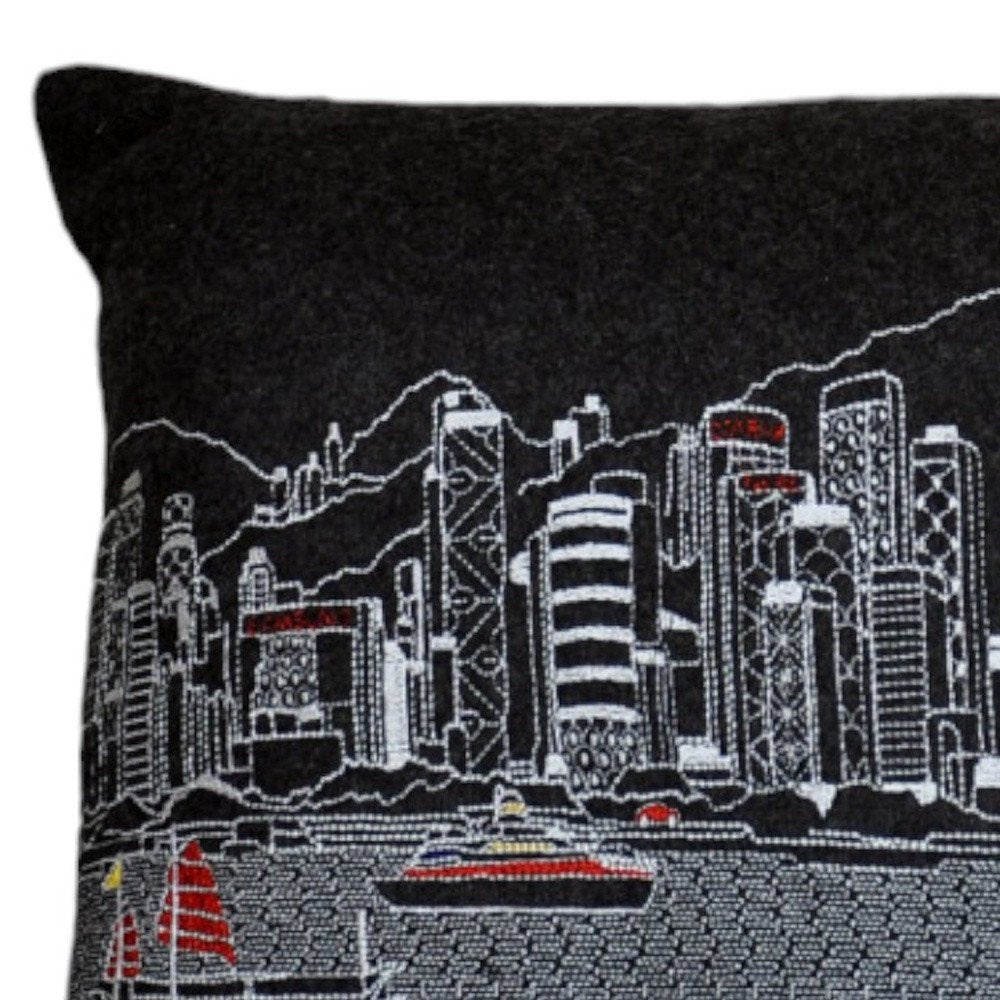 14" X 24" Dark Gray And White Hong Kong Nighttime Skyline Lumbar Decorative Pillow HomeRoots