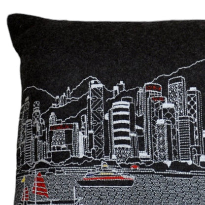 14" X 24" Dark Gray And White Hong Kong Nighttime Skyline Lumbar Decorative Pillow HomeRoots
