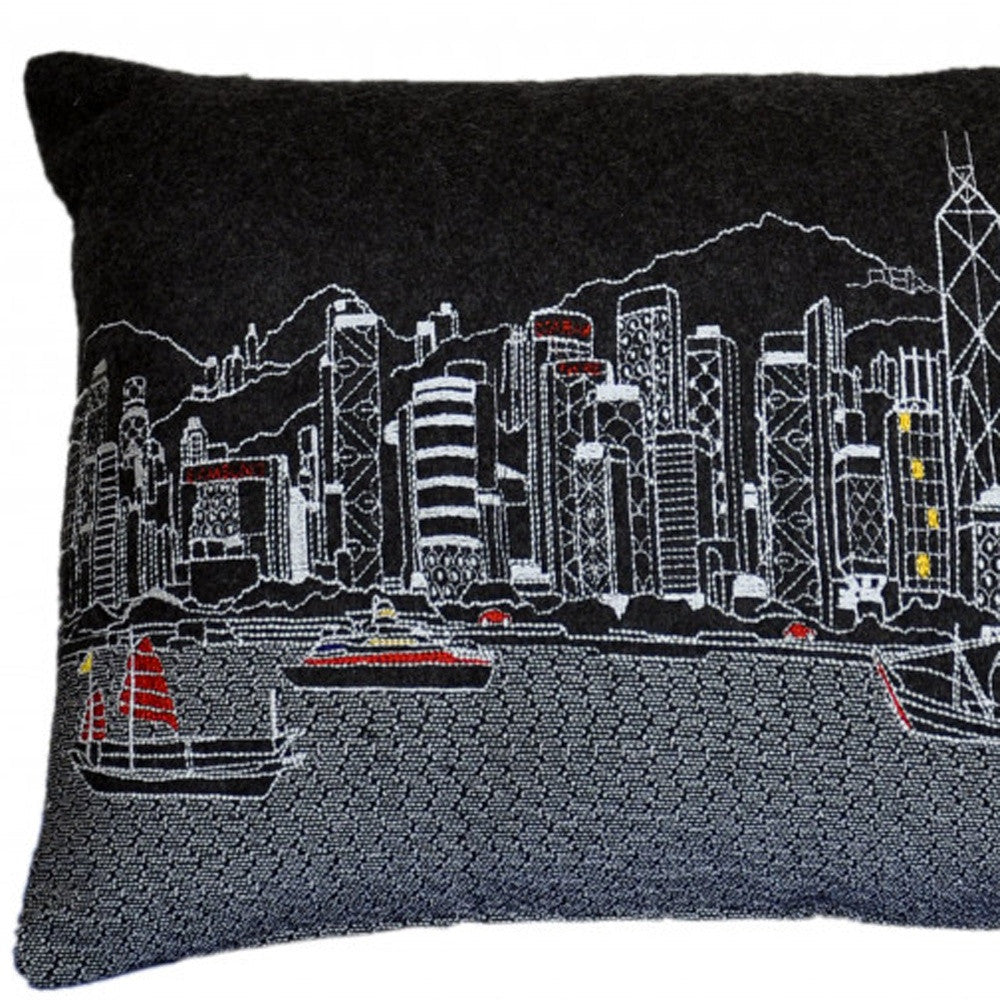 14" X 24" Black Gray and White Wool Lumbar Throw Pillow FurniFindUSA