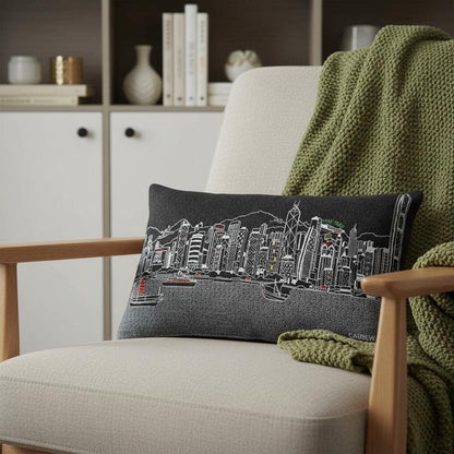 14" X 24" Dark Gray And White Hong Kong Nighttime Skyline Lumbar Decorative Pillow HomeRoots