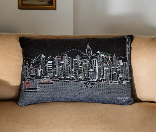 14" X 24" Black Gray and White Wool Lumbar Throw Pillow FurniFindUSA