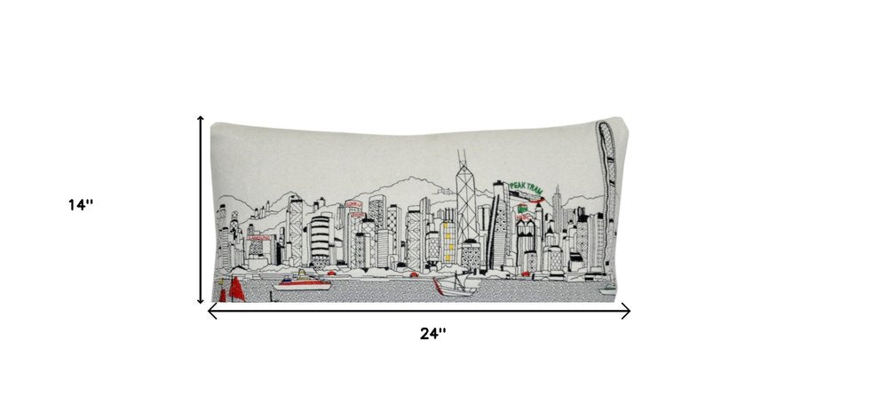14" X 24" Dark Gray And White Hong Kong Nighttime Skyline Lumbar Decorative Pillow — view 9