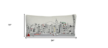 14" X 24" Dark Gray And White Hong Kong Nighttime Skyline Lumbar Decorative Pillow HomeRoots