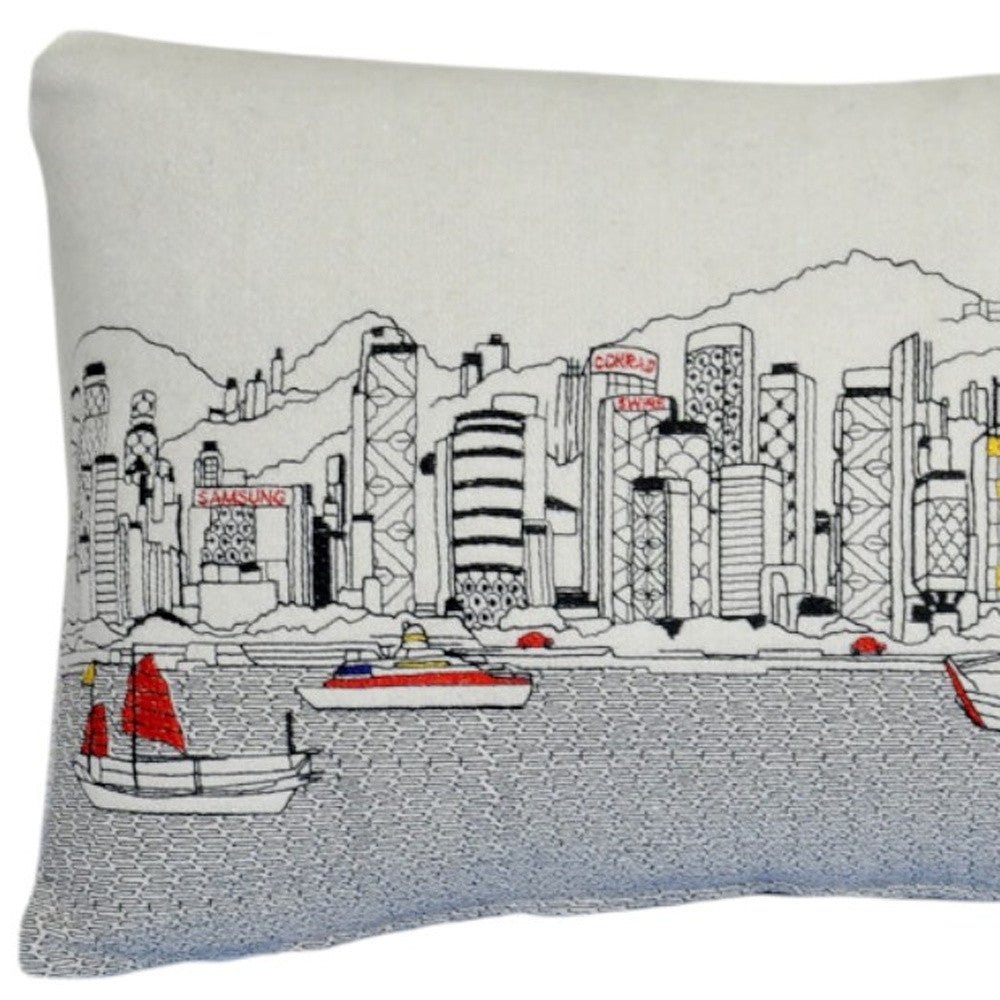 25" White Hong Kong Daylight Skyline Lumbar Decorative Pillow FurniFindUSA