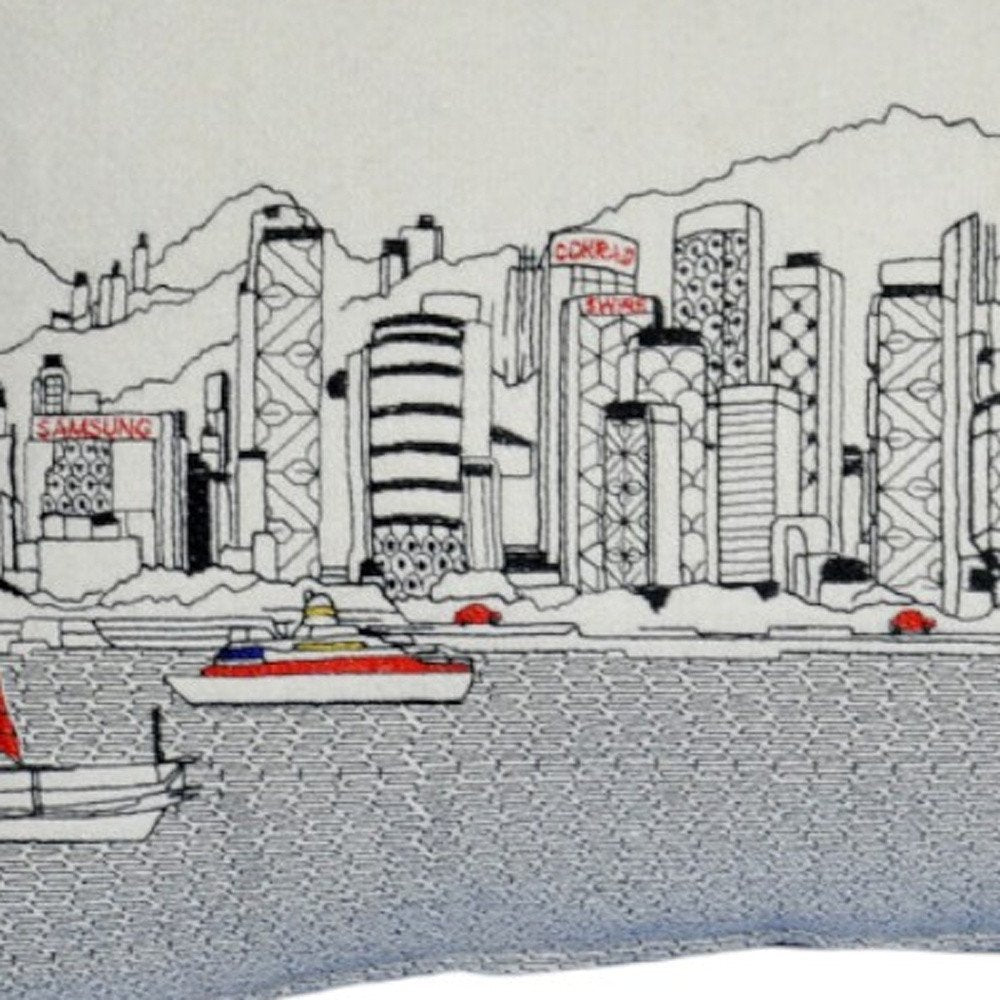 14" X 24" Dark Gray And White Hong Kong Nighttime Skyline Lumbar Decorative Pillow — view 8