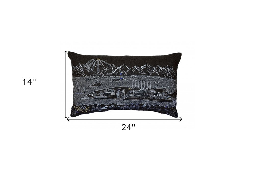 14" X 24" Dark Gray And White Homer Spit Nighttime Skyline Lumbar Decorative Pillow HomeRoots