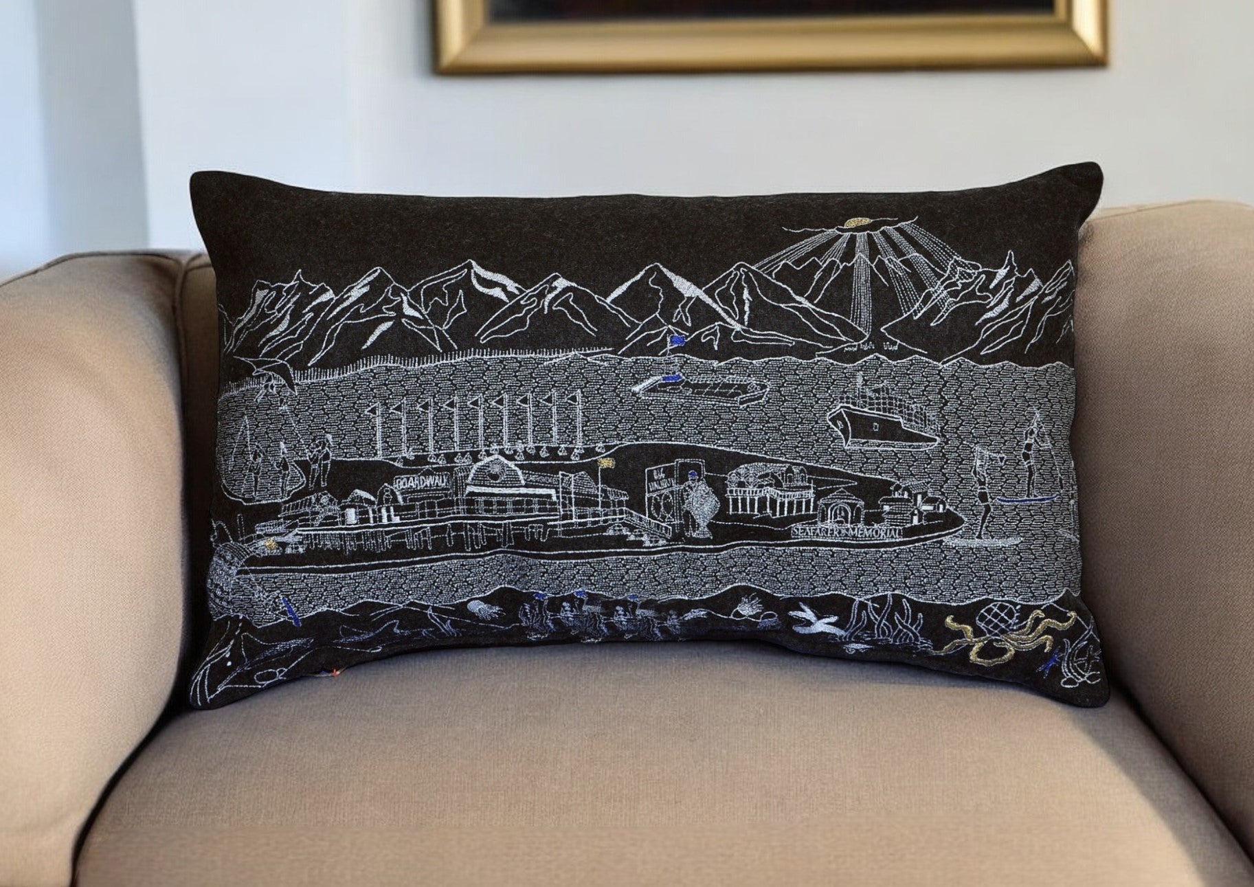 14" X 24" Black Gray and White Hometown Pride Wool Lumbar Throw Pillow FurniFindUSA