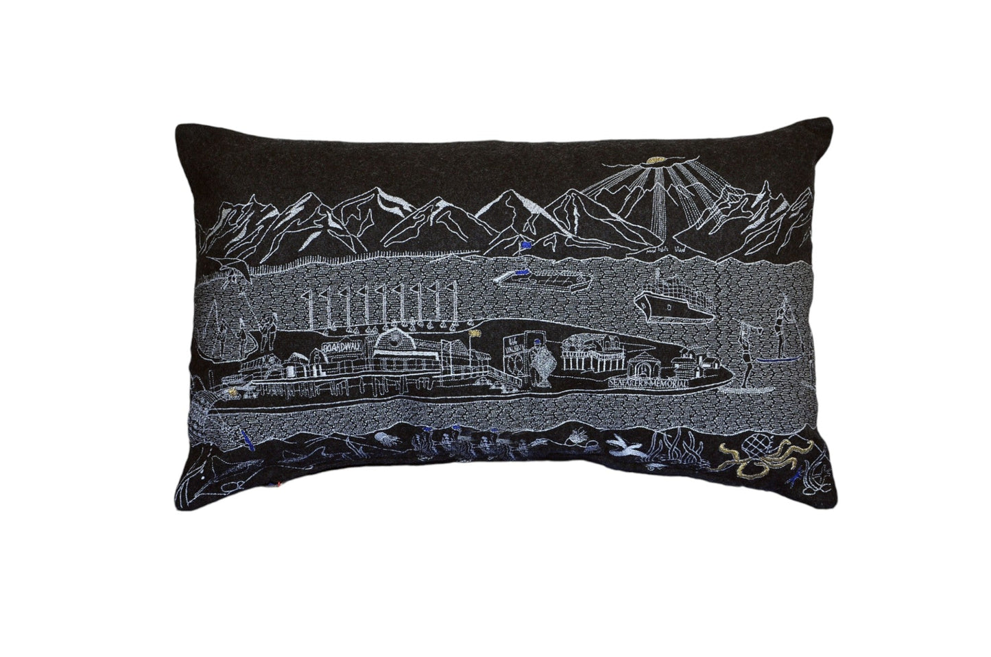 14" X 24" Black Gray and White Hometown Pride Wool Lumbar Throw Pillow FurniFindUSA