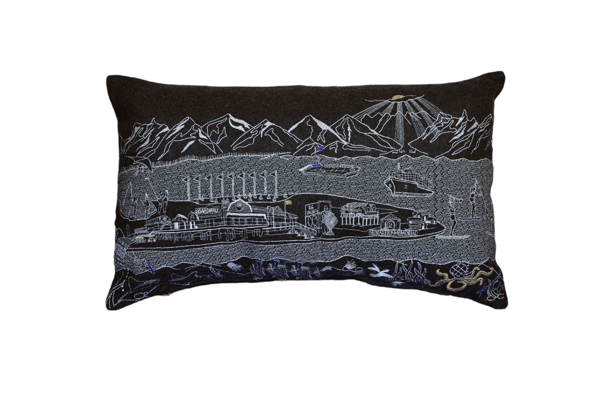 14" X 24" Black Gray and White Hometown Pride Wool Lumbar Throw Pillow FurniFindUSA