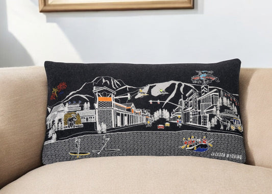 25" Black Jackson Nighttime Skyline Lumbar Decorative Pillow FurniFindUSA
